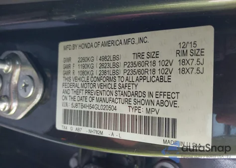 2016 Acura Rdx Technology Acurawatch Plus Packages/Technology Package z USA, uszkodzony, nr VIN 5J8TB4H54GL020504